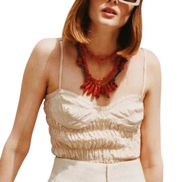 NWT Zara beige white crinkly gingham cropped stretchy bustier corset top S - Picture 1 of 12